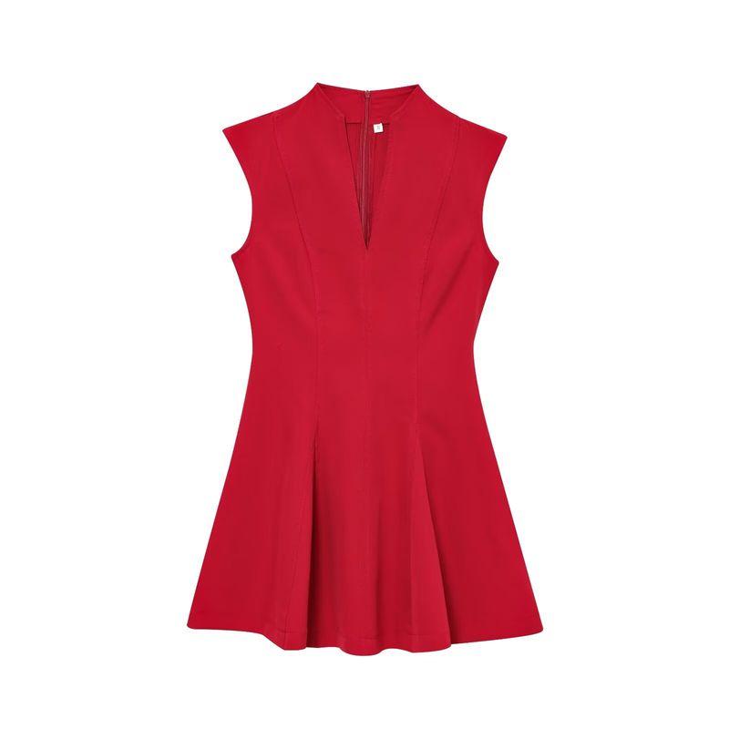 Summer Women's A- Line Hem Sleeveless Crepe V Neck Simple Graceful Mini Dress 2242620