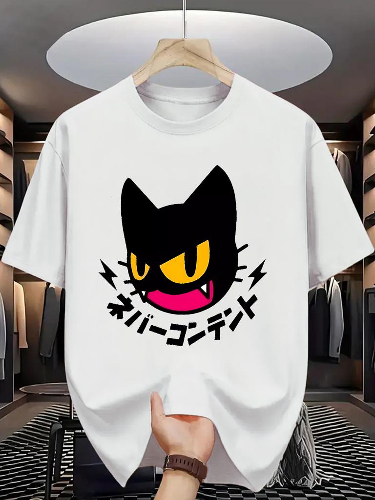 Men'S Cool Black Cat Graphic T-Shirt , Short Sleeve, Crew Neck, Casual Summer Tee with Japanese Print Design