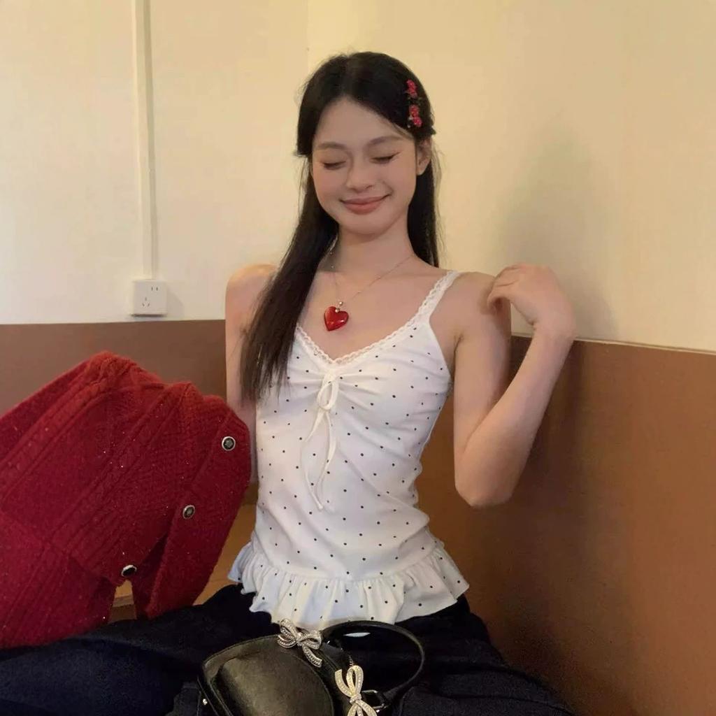Korean White Sweet Polka Dot Ruffle Hem Sling Vest Women's Spring New Inner Sleeveless Stacked Top