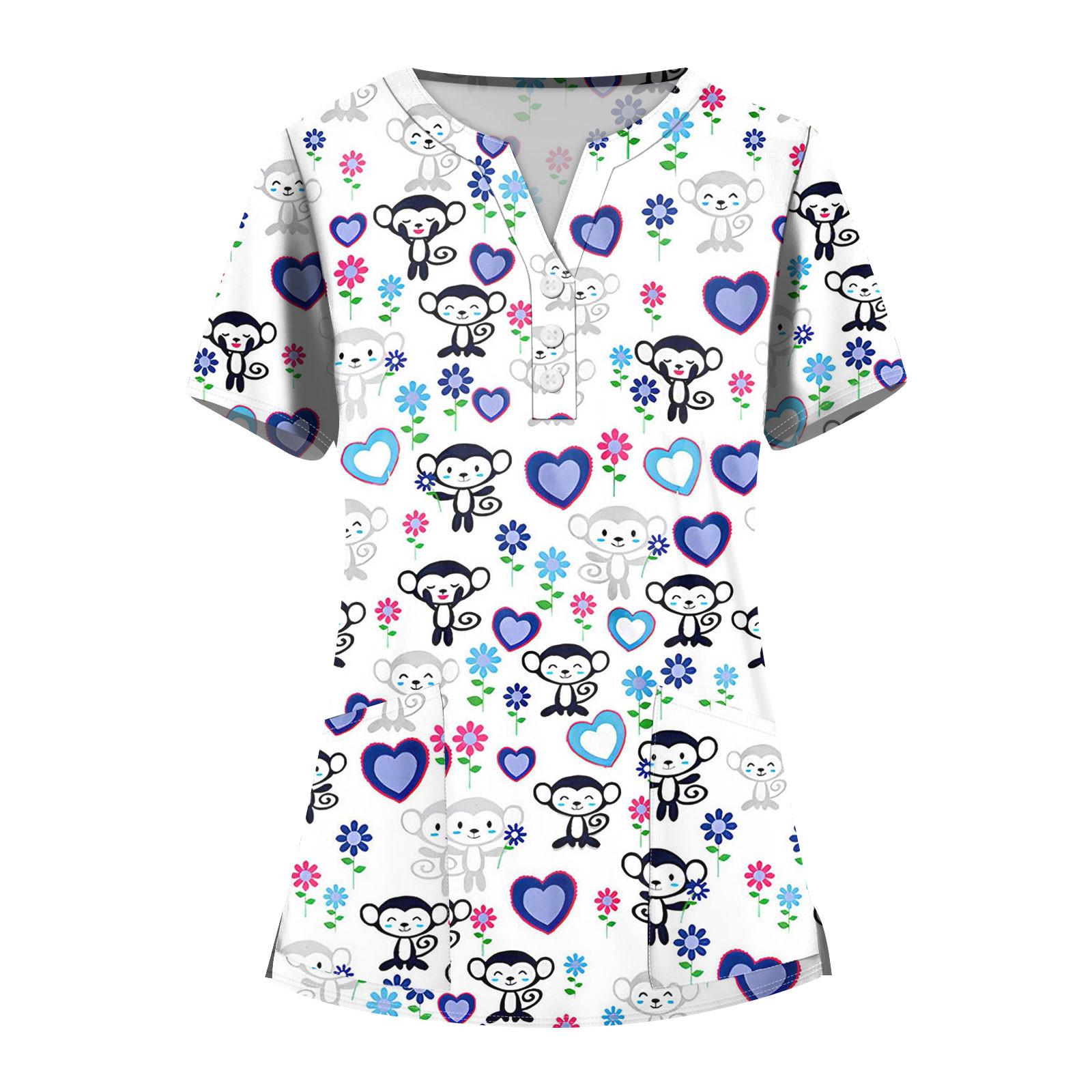 

Женская мода V-образный вырез короткий рукав комбинезон с карманами пуговицы принт блузка одежда XL белый