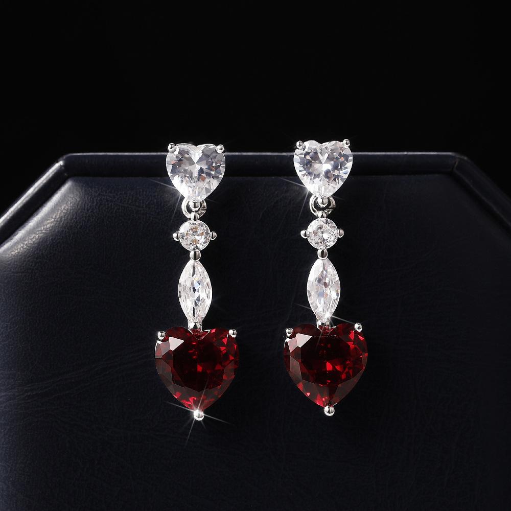 Trendy Elegant Created Red Heart Zircon Earrings  Silver Needle String Statement Drop Earrings for Women Wedding Party Gift