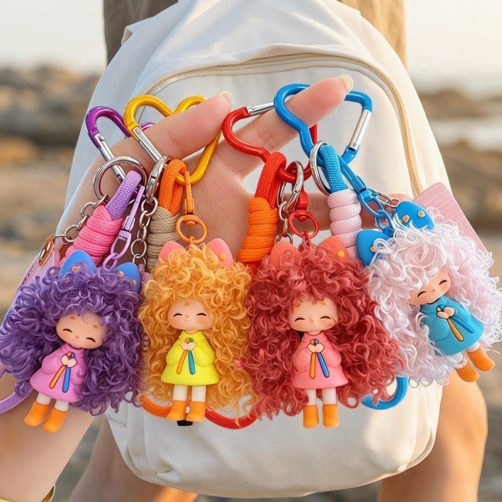 Soft Rubber Curly Hair Doll Keychain Colorful Bag Pendant Sweet Halyard Heart Keyring Kids Gift