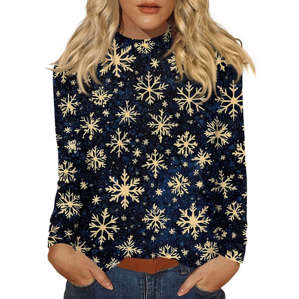 Damen Herbst Casual Langarmshirts Sweatshirt Vintage Bedrucktes High Neck Top Pullover