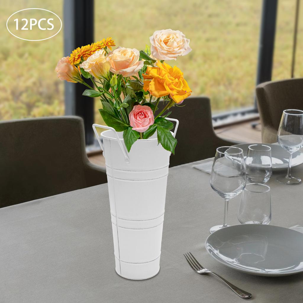 12Pcs White Metal Flower Buckets, Cylindric Vases, Modern Wedding Floral Arrangement Containers, 9In Tall Flower Display Holders