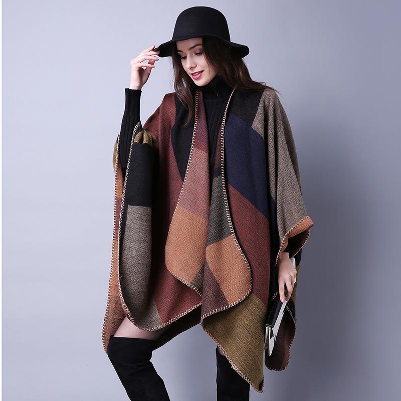 Autumn and Winter Scarf Versatile Plaid Women's Travel Shawl Imitation Cashmere Split-ended Thickened Cape