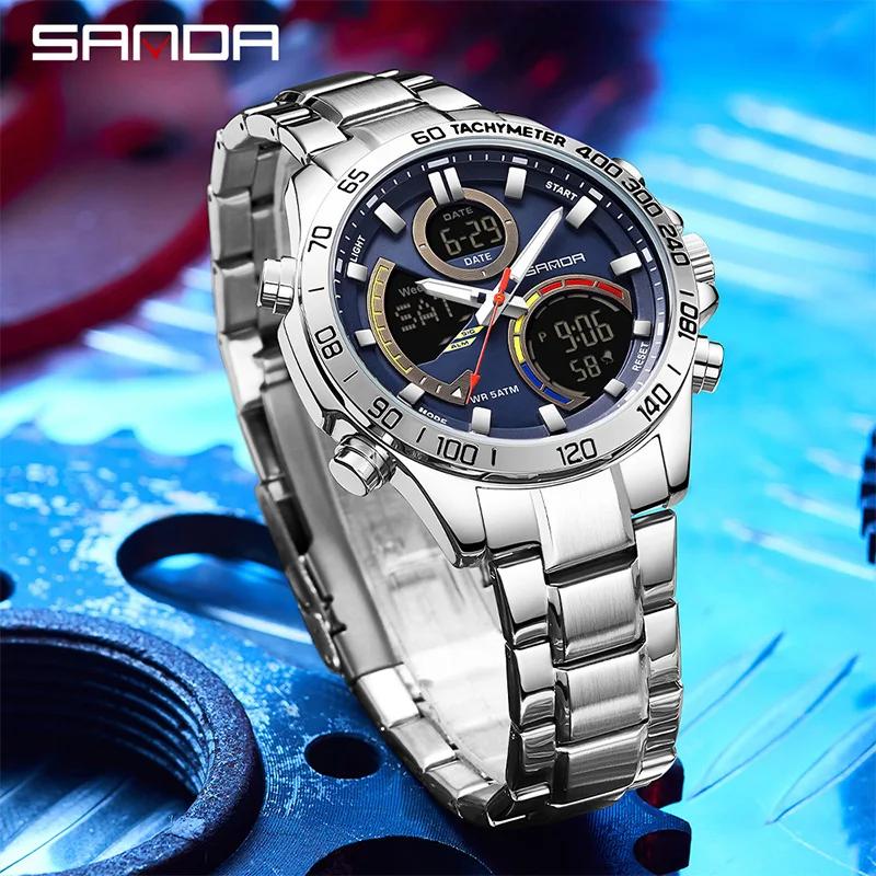 SANDA Dual Display Electronic Watch Men's Dual Movement 5ATM Waterproof Stainless Steel Three Ground Time Teenager Sports Watch