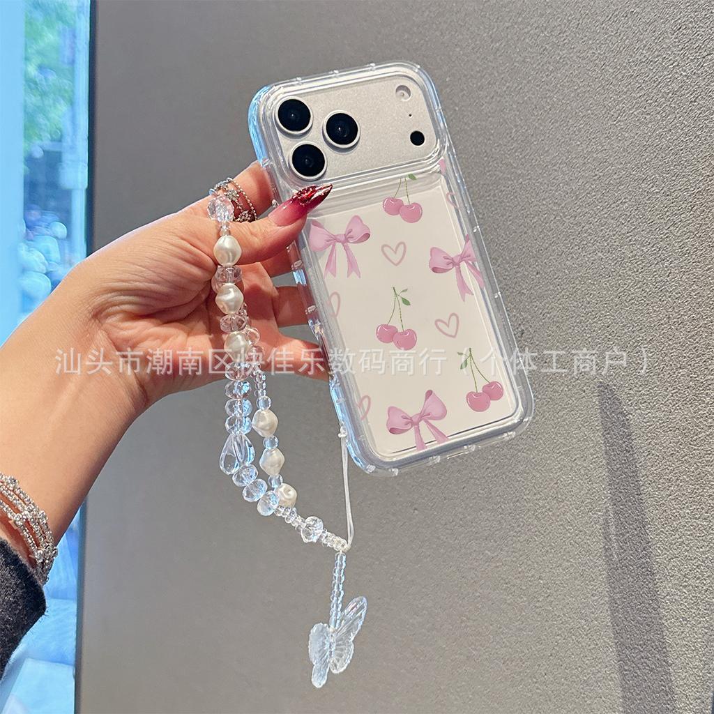 Gentle temperament girly heart iPhone11/12/13/14/15/16/17 PM pearl butterfly lanyard mobile phone case
