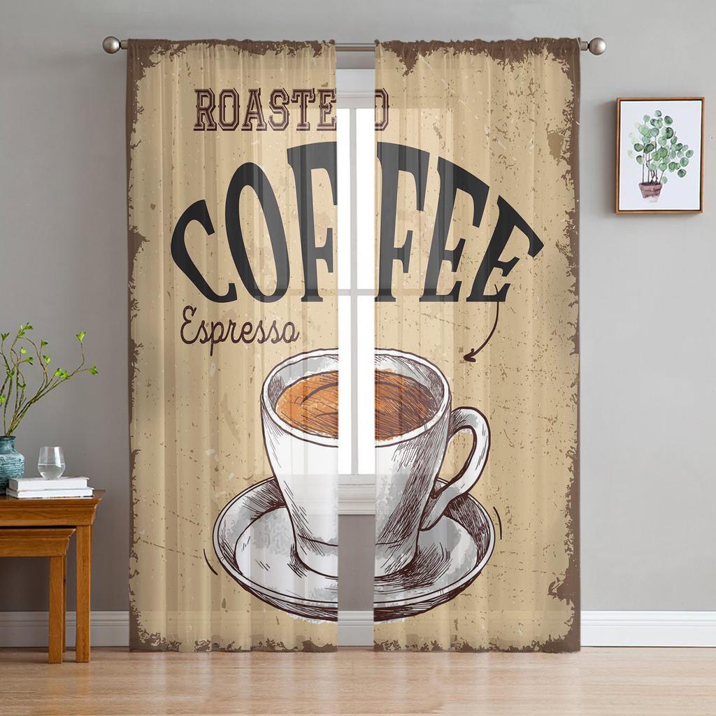 Vintage Text Coffee Tulle Curtains for Living Room Printed Sheer Voile Curtain Bedroom Window Screening Drapes Blinds Home Decor