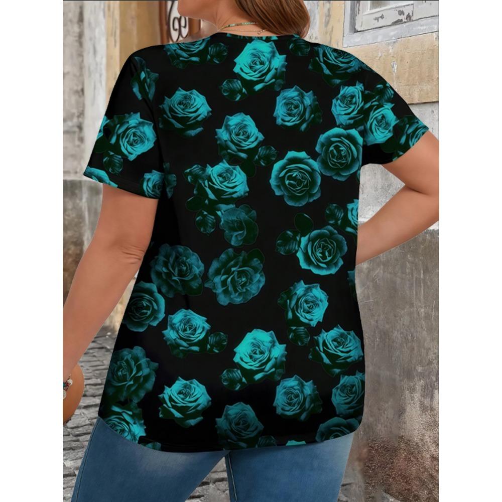 Elegant Floral V-Neck Women's Plus Size T-Shirt - Soft Casual Comfort Fit Short Sleeve Top