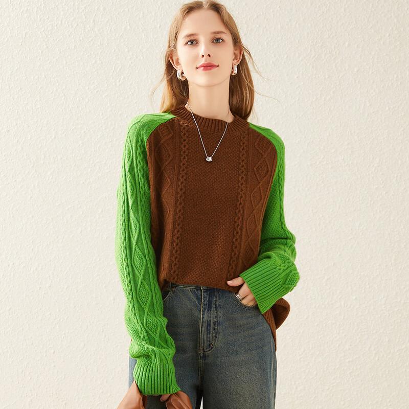 Women's Thick Pure Wool Color-Block Cable Knit Sweater