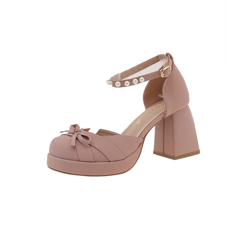 Fashion Hot Selling French Thick Heel High Heel Women's New 2025 Summer Thick Bottom Bow Mary Jane Cap Toe Sandals Rubber Sole round Toe