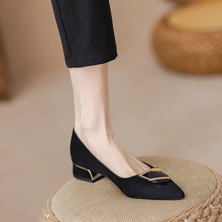 shallow mouth pointed work shoes soft sole black high heels spring 2025 new rhinestone thick heel single shoes women's middle heel