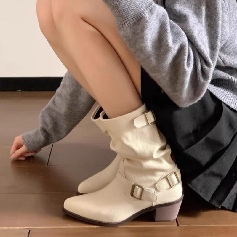 Women's Boots Metal Belt Buckle Design Boot Pointed Toe High Heel Booties Mid-calf Western Cowboy Boots for Women Fashion Boots
