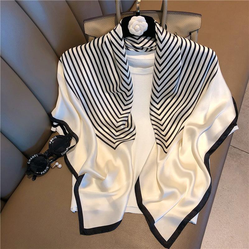 

Luxury Striped Shawl Soft Satin Square Scarf Elegant Bandana Imitation Silk Head Wrap Classic Sunscreen Travel Beach Towel