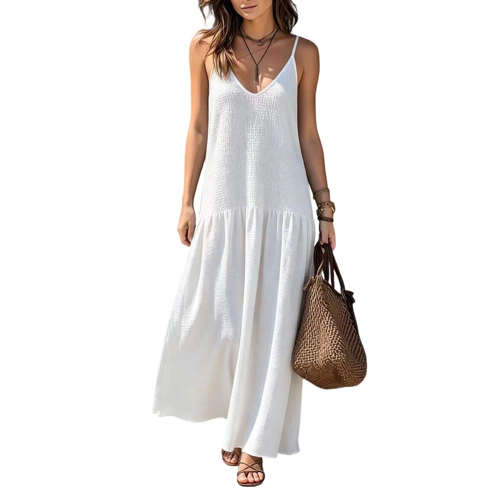 

Women Vintage Bohemian Backless Ruched Design Spaghetti Strap Long Maxi Dress for Holiday Beach Vacation Casual Wear XXL белый