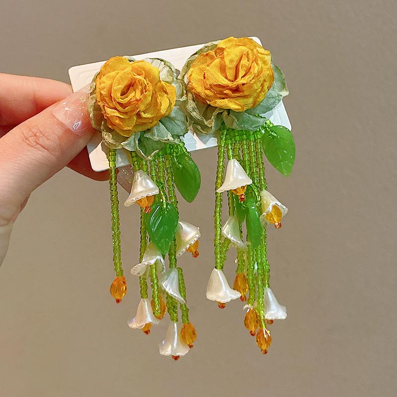 Silver needle Mori flower fringed earrings ins sweet design stud earrings Korean high-end versatile earrings