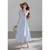 VICTORIA&VERA Gentle Mist Blue French Square Neck Pleated Dress