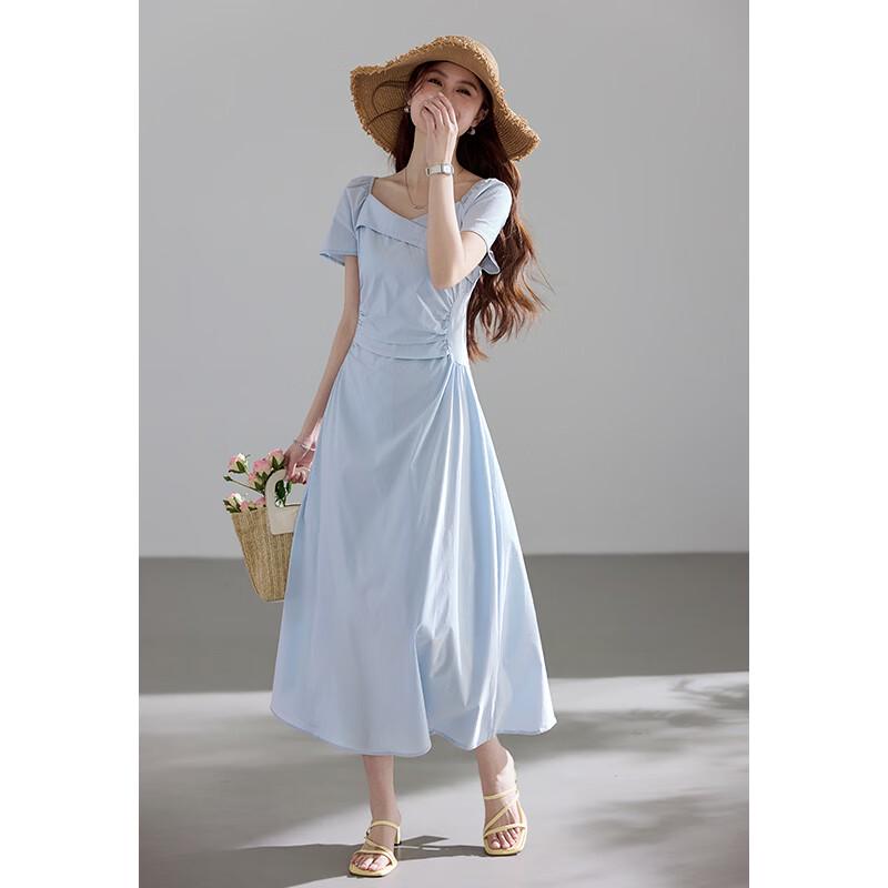 VICTORIA&VERA Gentle Mist Blue French Square Neck Pleated Dress