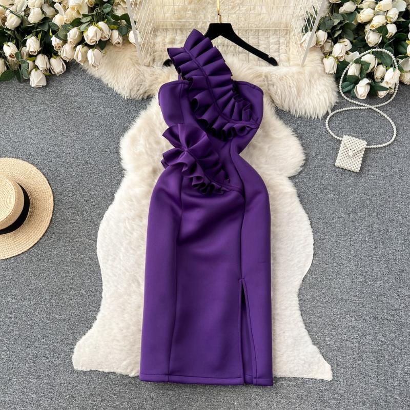 Off Shoulder Chic Strapless One Piece Dress Women Sexy Sleeveless Pleated Ruffle Dresses Female Korean Fashion Vintage Evening Party Dress 2025