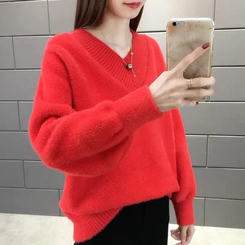 V-neck Mink Sweater Thickened Knitted Jumper Female Korean Style Pullover Loose Casual Sweater Winter Warm Outwear Bottming Tops