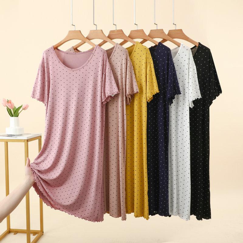 Damen Sommer Modal Pünktchen Rüschen Kurzarm Midi Kleid Übergröße Schmeichelnd Lockerer Schnitt Nachthemd Lässiges Nachthemd Loungewear Kleider