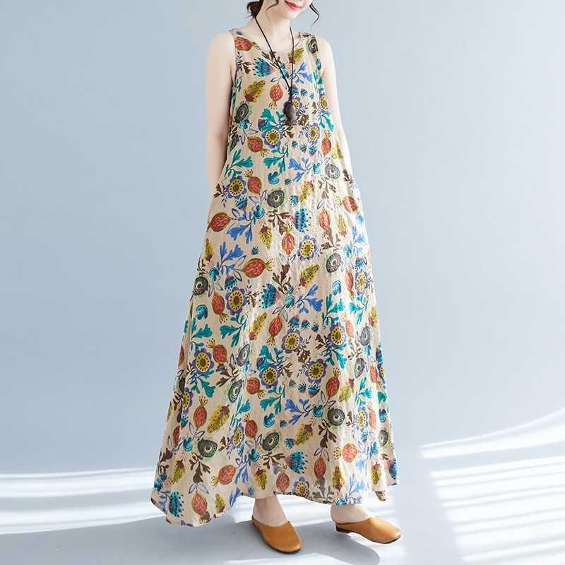 Long Skirt Summer New Sleeveless Round Neck Printed Mid Length Dress