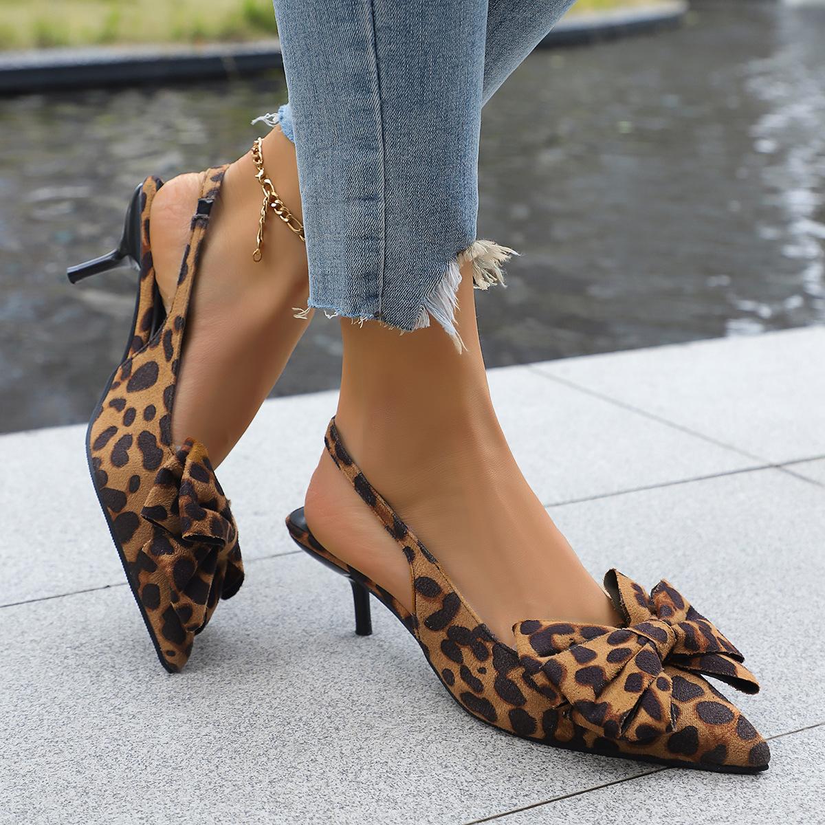 

European and American style catwalk model, leopard print high-heeled sandals 2025 new bow decoration, pointed head bag head single shoes, women s oute 36