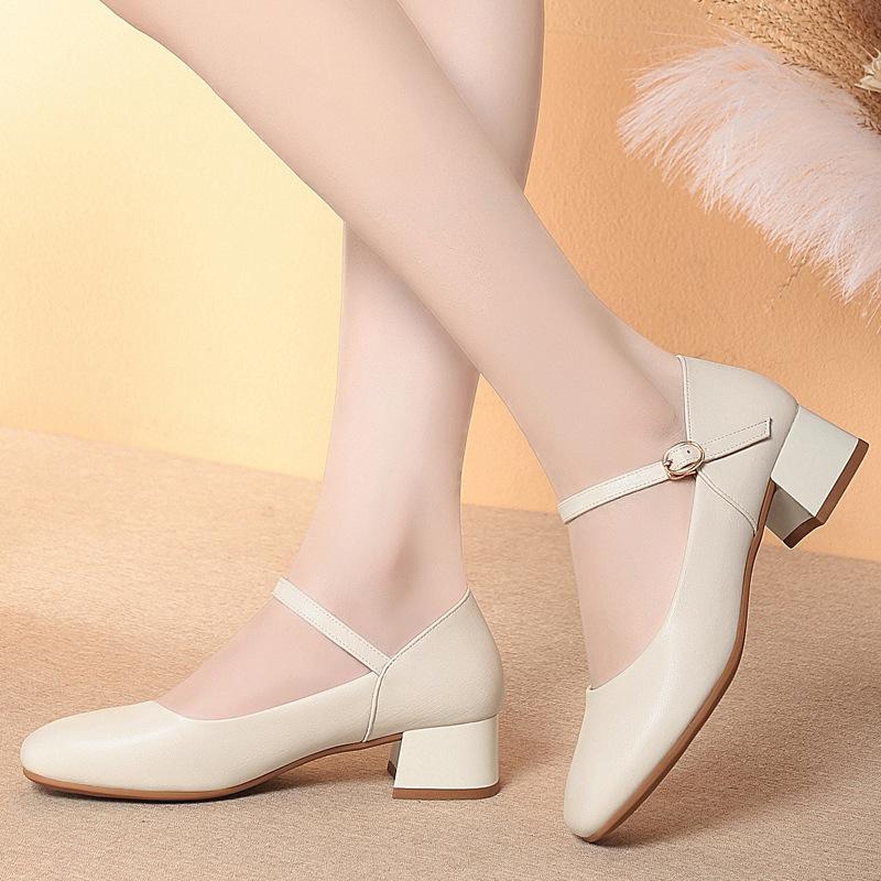 Fashion Soft Leather Work Shoes Women Black Soft Sole Comfortable Working Thick Heel Single Shoes Women's Head One-Button Leather Shoes