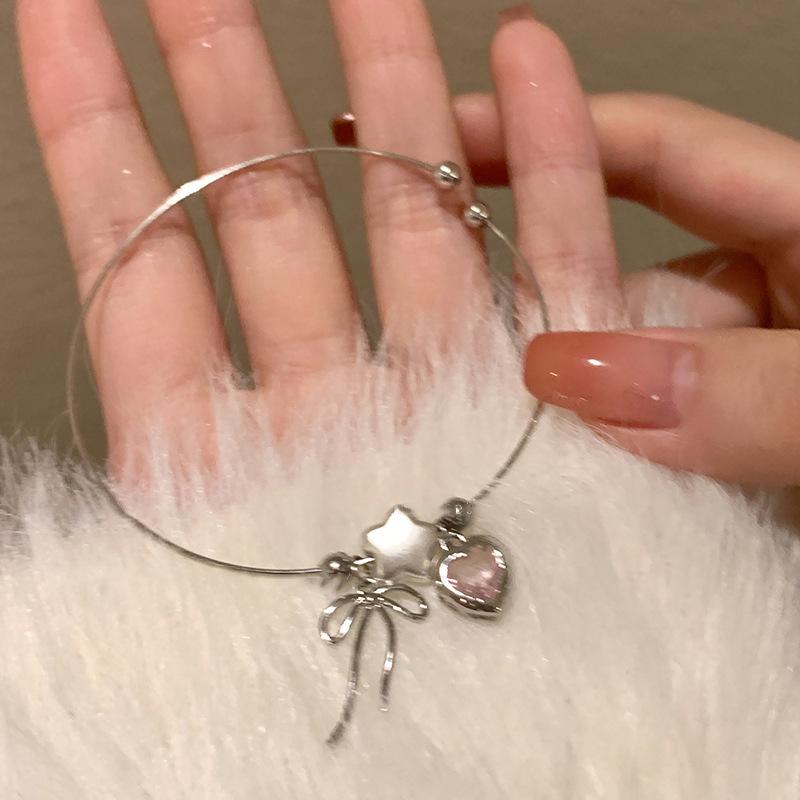 Sweet Simple Heart Bowknot Zircon Charm Opening Adjustable Thin Bracelet For Women Girls Aesthetic Jewelry Birthday Gift