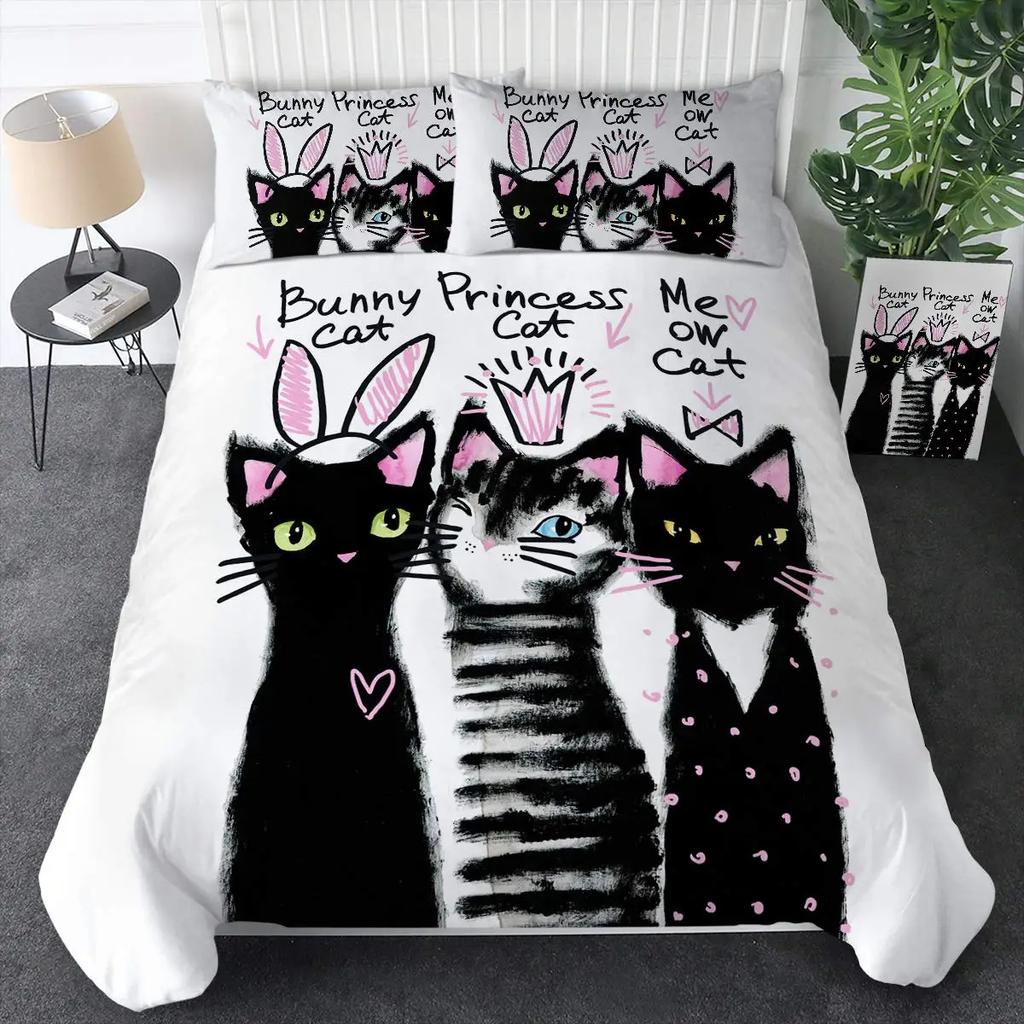 Black Cat Theme Duvet Cover Three-Piece Set Black And White Kitten Print Bedding Set Quilt Cover Pillowcase
