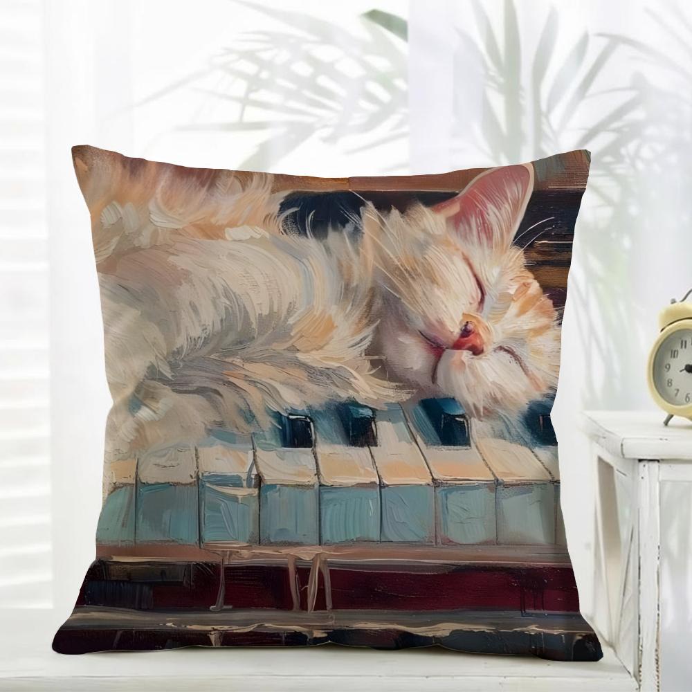 Cute Oil Painting Colorful Cat Cushion Cover Comfort Daily Washable Linen Soft for Sofa Bed Home Room Decor