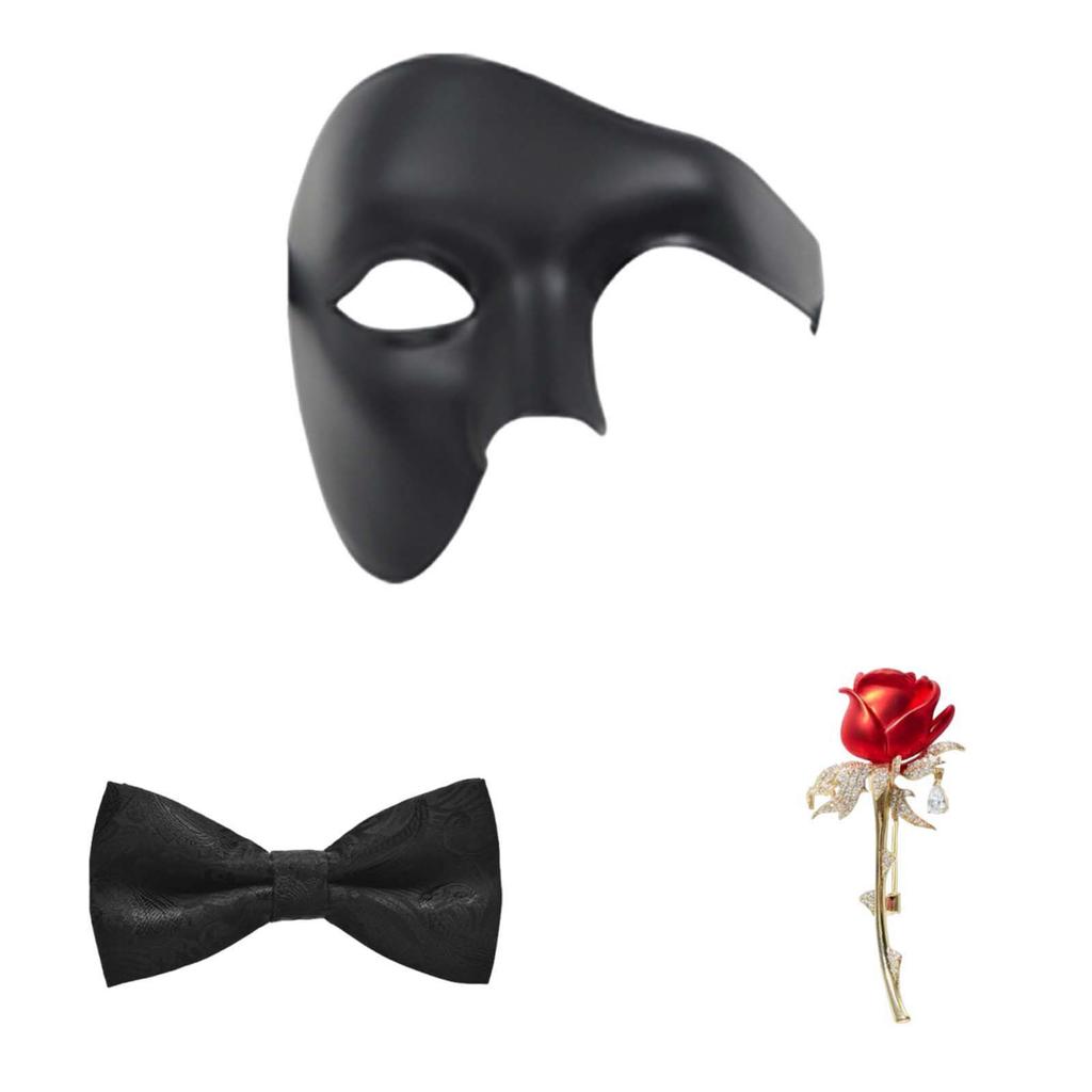 Half Face Set with Tie and Brooch Pin for Halloween Masquerade Party Costume