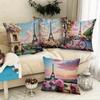 Dreamy Paris Landscape Pillowcase - Eiffel Tower & Floral Bicycle Print Pillow Cover for Sofa Bedroom Living Room