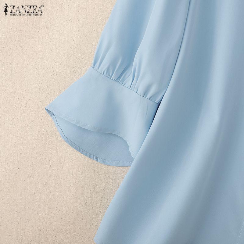 ZANZEA Women Casual Turn Down Collar Solid Color Half Sleeve Blouse