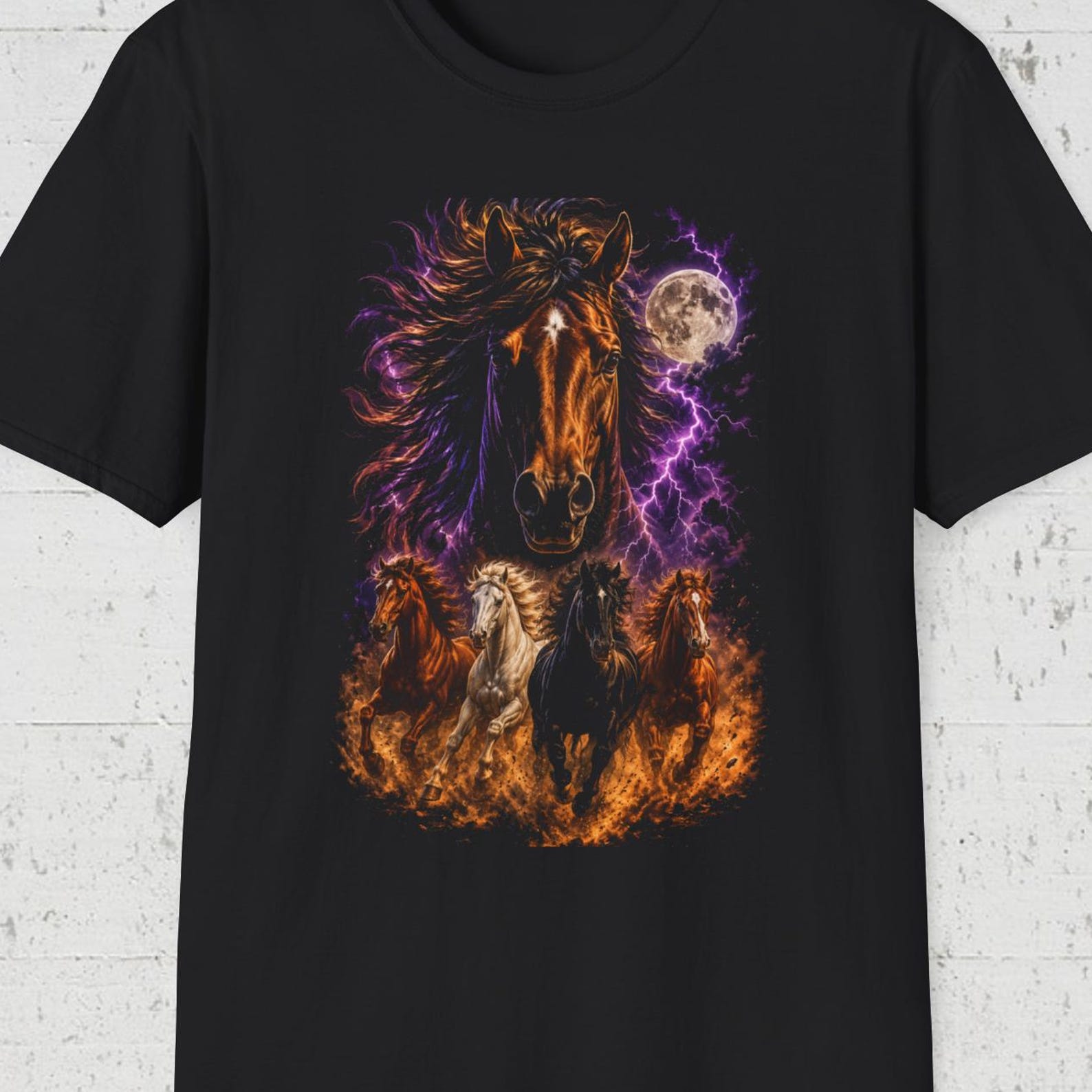 Running Horses Under Moon Shirt, Wild Stallion Lightning Tee, Western Desert Horse T shirt, Horse Lover Tee Gift, Retro Night Horses Shirt L