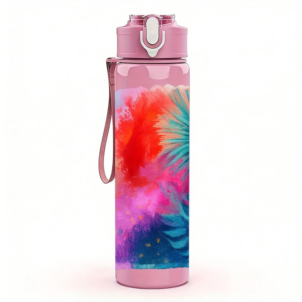 1PC Tropical Palm Leaf Vibrant Tie Dye Print 750ml Color Plastic Sports Water Bottle Leakproof Flip Straw Lid Suitable for Sports Office Home Use