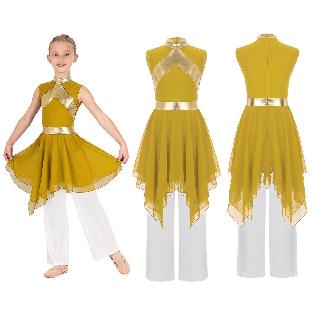Praise Dance Costume for Kids Girls: Asymmetrical Sleeveless Metallic Dress & Comfortable Wide-Leg Pants with Elastic Waist
