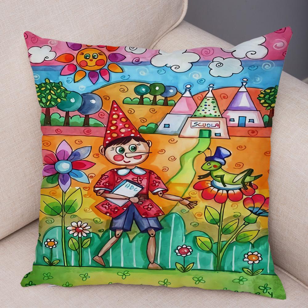 Children Oil Painting Art Cushion Cover Both Sides Plush Pillow Case Decor Cartoon Plant Throw Pillowcase for Sofa Home Car