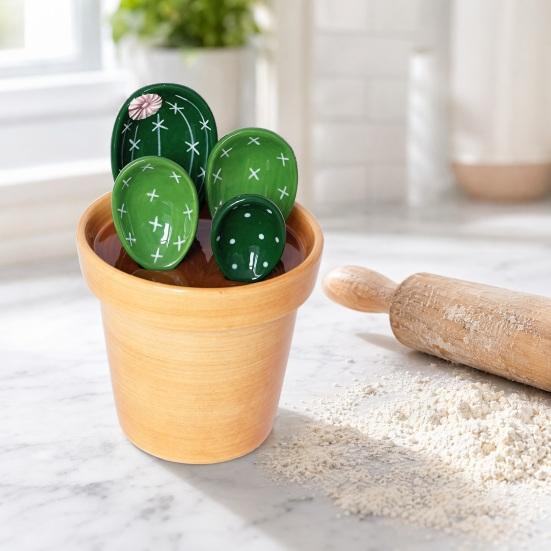 4Pcs Flower Measuring Spoons Set, Ceramic Nesting Measuring Cups with Stand, Cute Kitchen Baking Tool for Coffee Tea, Gift for Bakers