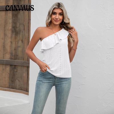 Top estivi da donna con volant, spalline larghe, tinta unita, senza spalline, semplici, peplo, obliqui