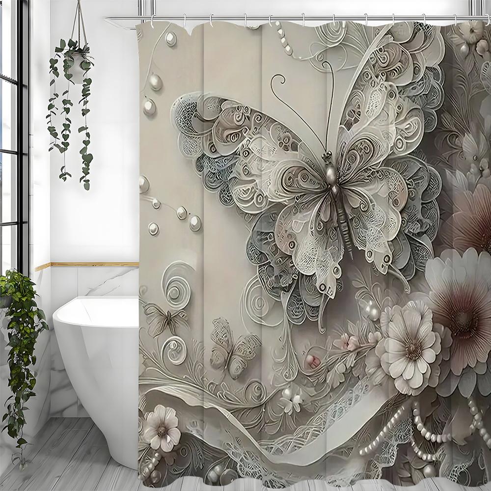 Flach geprägte Kunst Schmetterling Blume Duschvorhang, Dekorativer Duschvorhang für Badezimmer, Wasserdichter Duschvorhang mit Haken