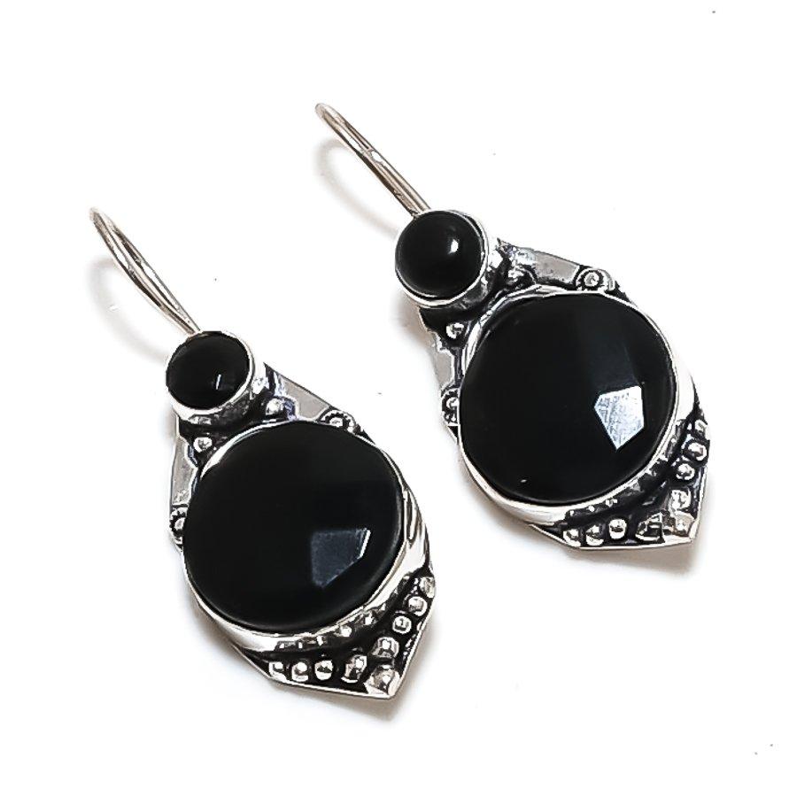 Natural Black Spinel, Onyx 925 Sterling Silver Jewelry Earring 1.77" Y1g88