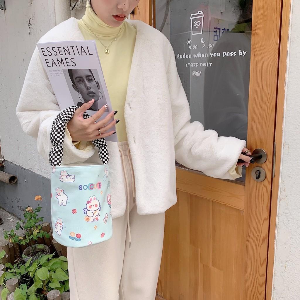 Trendy Street Style Soft Canvas Bucket Bag For Everyday Use With Great Prints