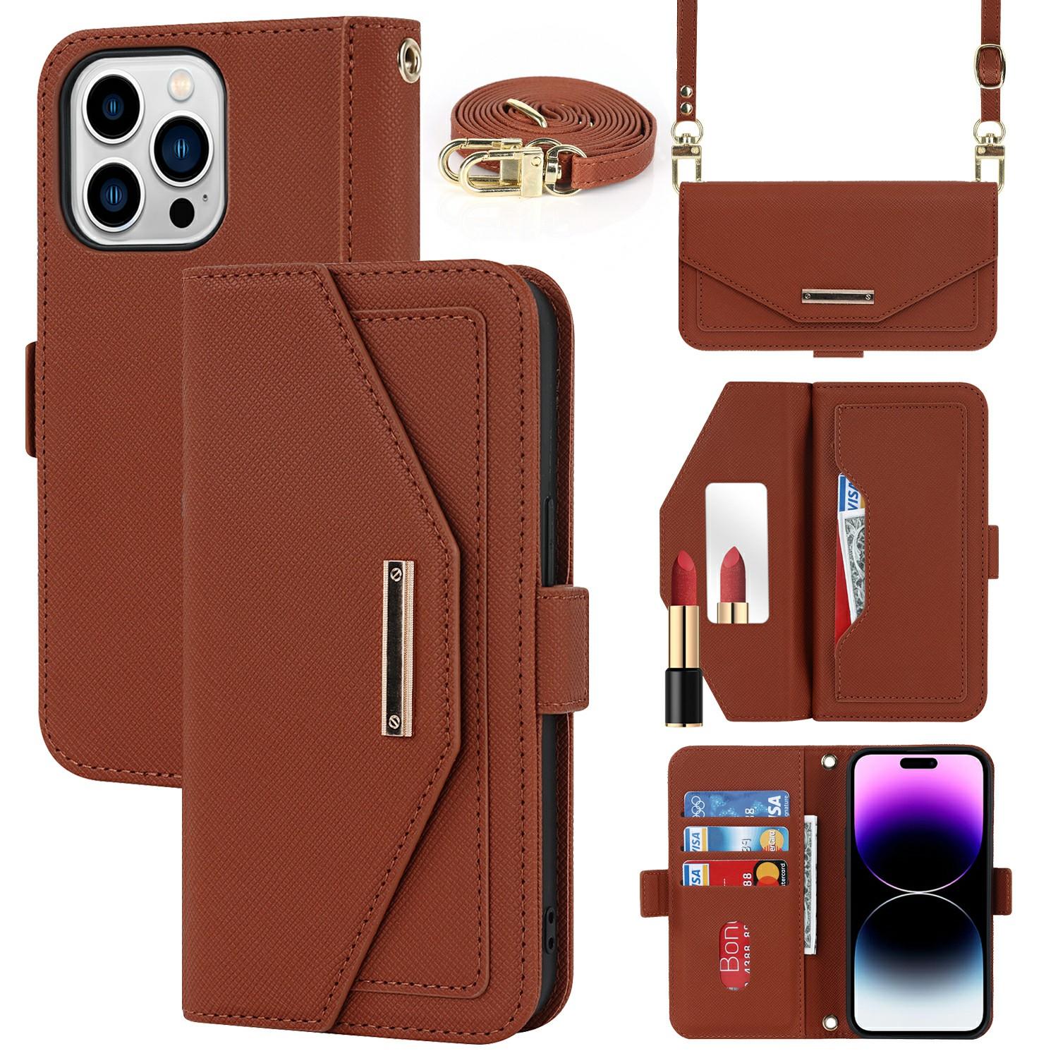 

For iPhone 15 Pro Stand Case Cross Texture PU Leather Wallet Phone Cover with Shoulder Strap/Makeup Mirror C