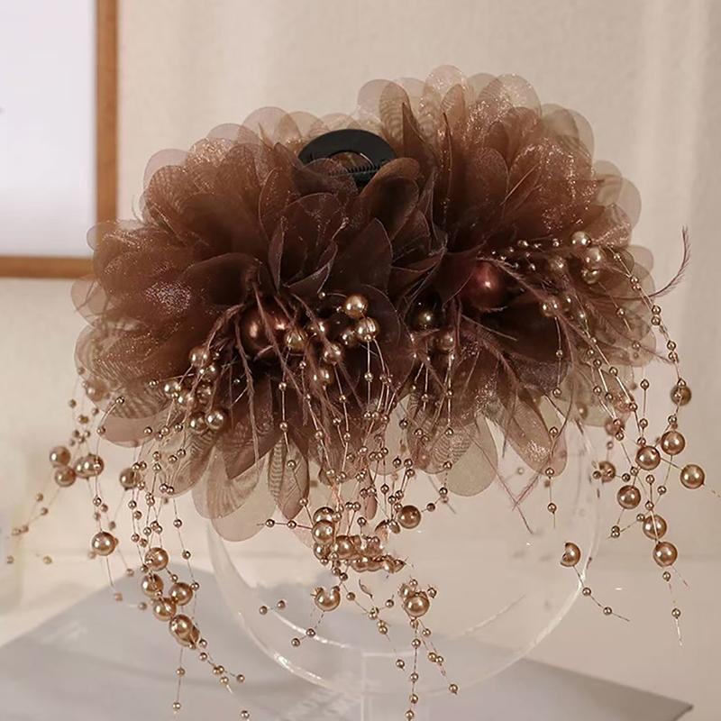 1PC Elegant Mesh Flower Hair Clip For Women Elegant Pearl Tassel Shark Clip Fashion Girl Ponytail Clip Hair Accessories