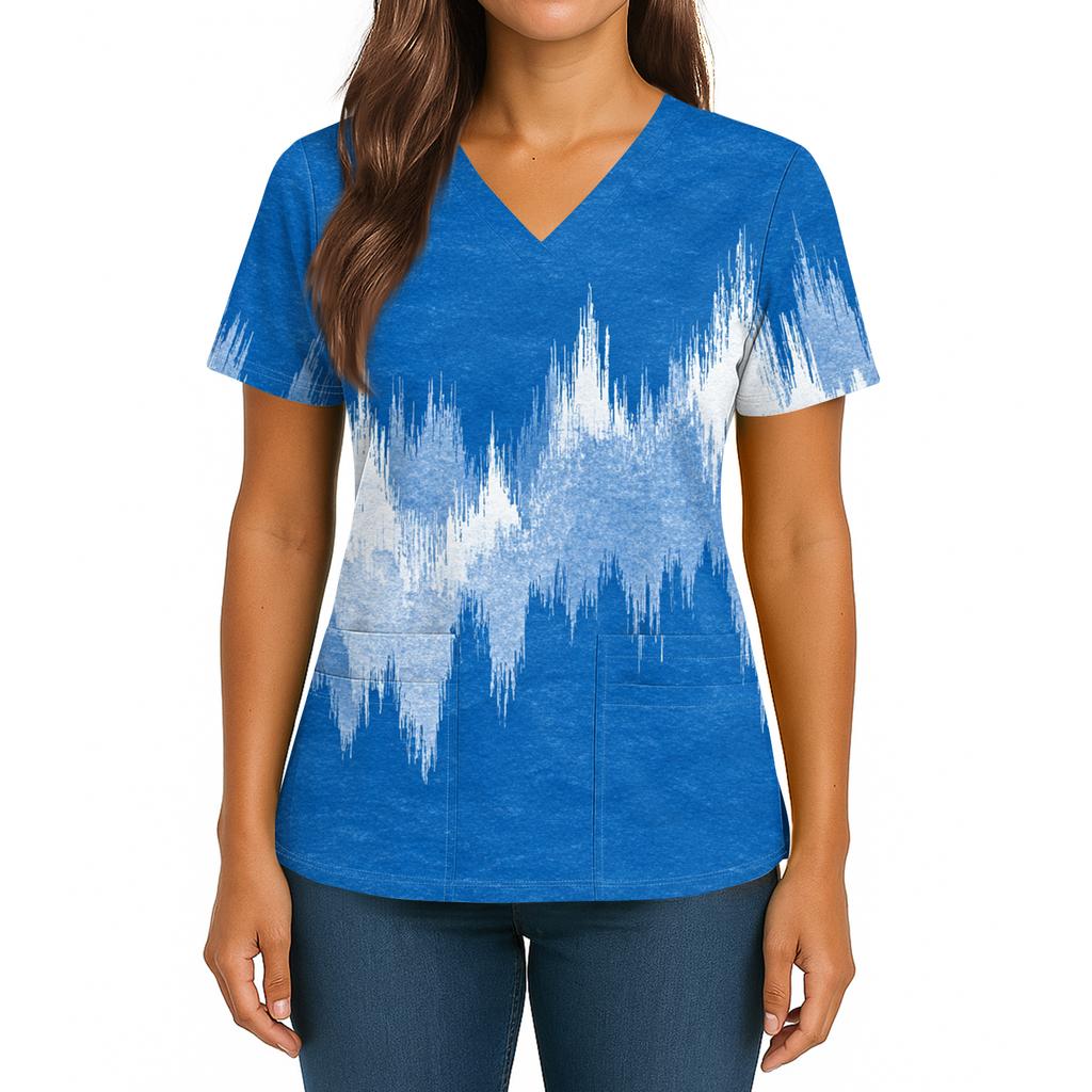 Women's Gradient Print V-Neck Double Pocket Short Sleeves Hem Slit Uniform Caregiver Top