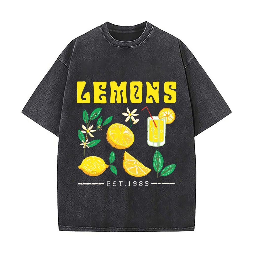 Lemons Lemon Juice Citrus Fruit Leaves Floral Illustration Washed Distressed Loose Streetwear Tops for City Walks