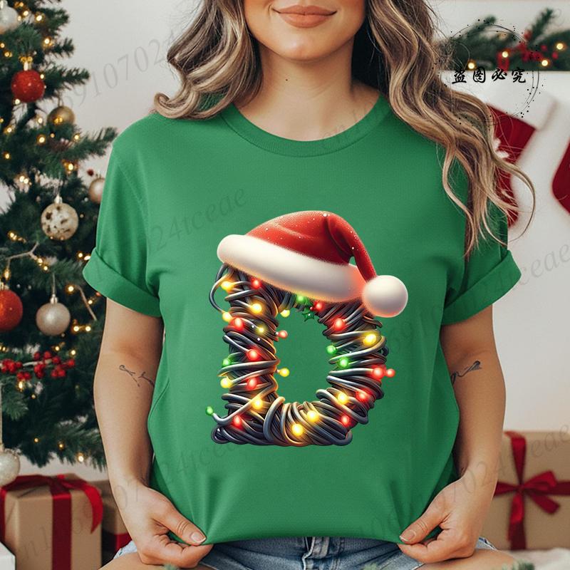 Women's Casual T-Shirt Christmas-lights-wrapped-letter Graphic Tshirt Christmas Design Round Neck Short Sleeve Tee Shirt Clothes