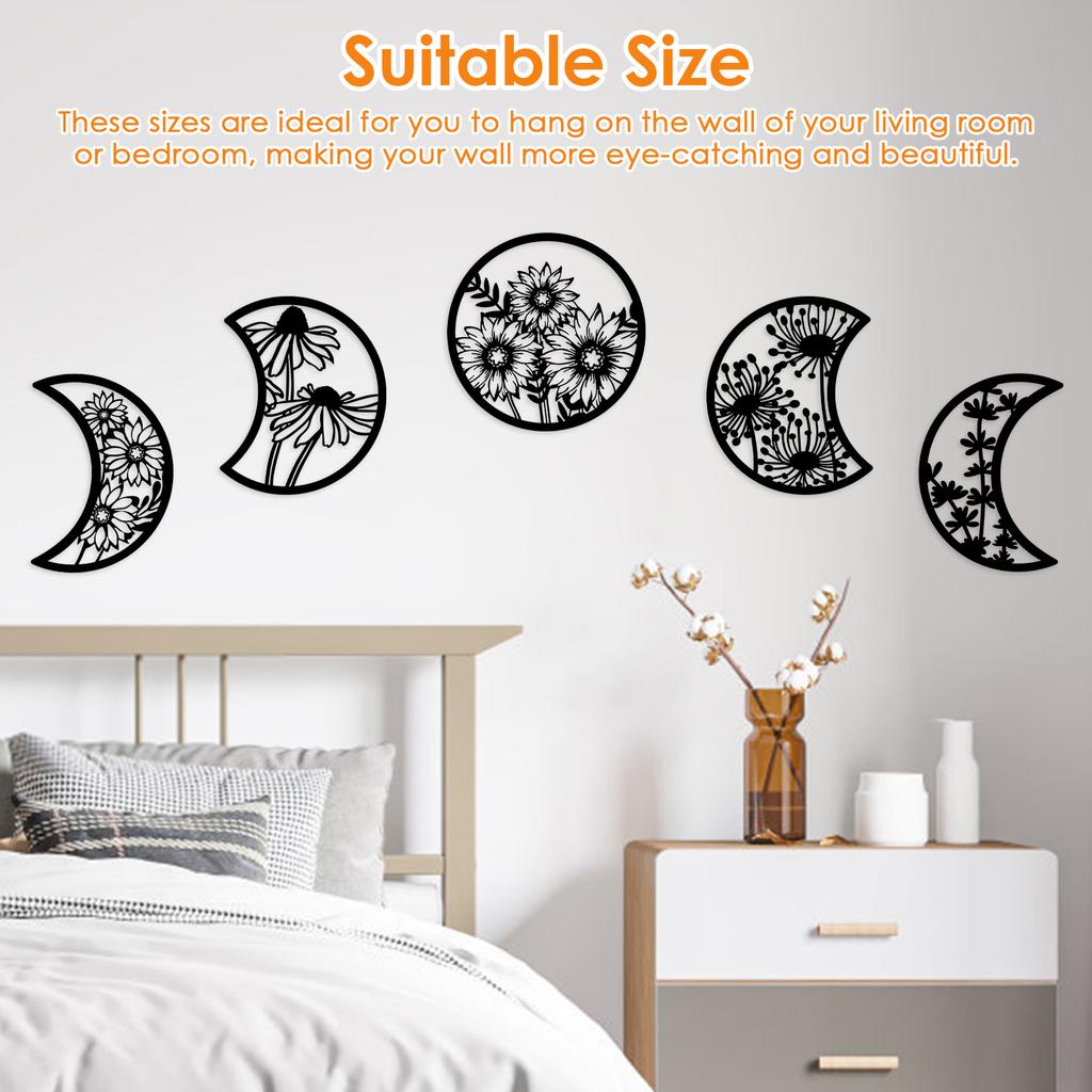 5Pcs Moon Phase Wall Hanging Decor Art Above Bed 10.6" H Boho Moon Phase Wood Wall Pediment Ornament for Living Room Bedroom