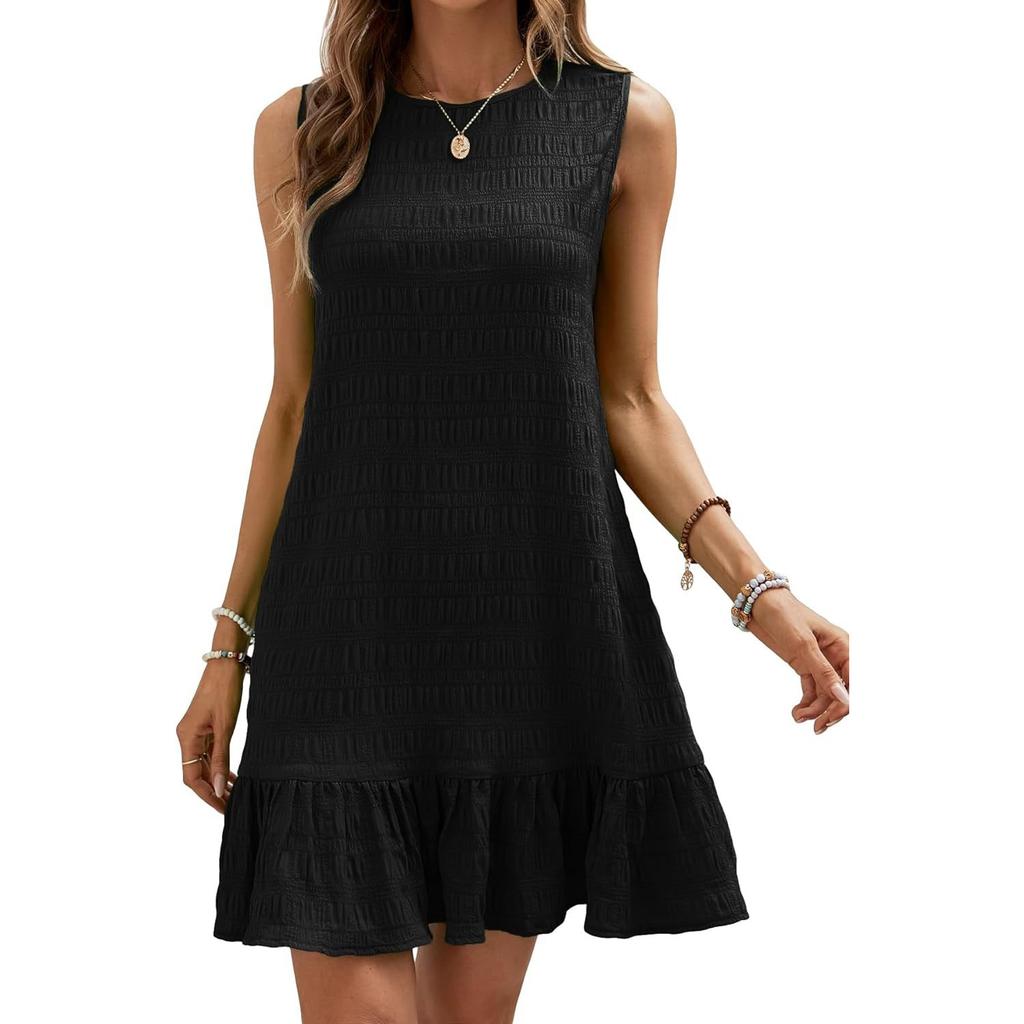 Pleated Fabric Dresses Women O Neck Pullover Sleeveless Splice Hem Dress Female Summer Comfortable Casual Commuter Gown